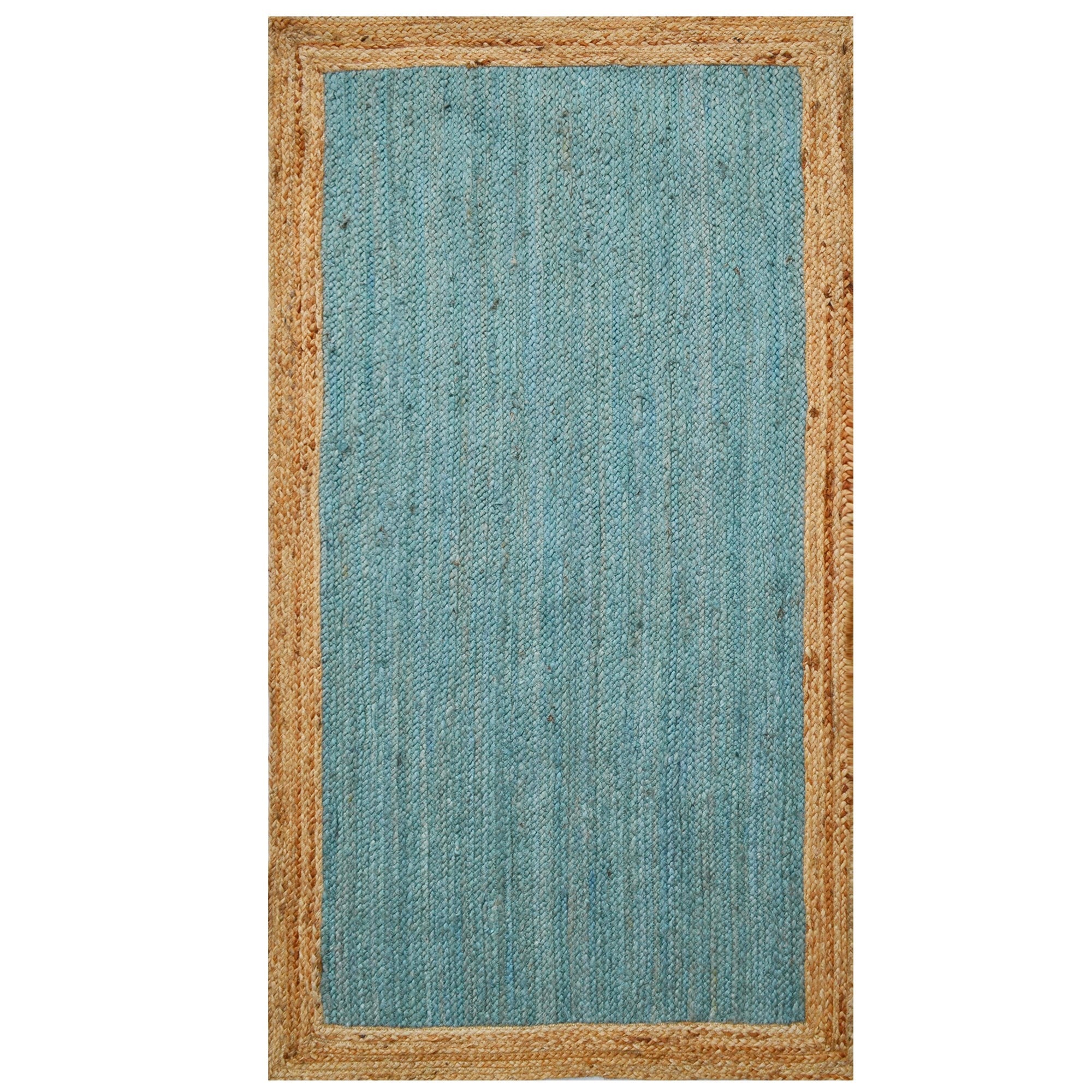 Handwoven Border Jute Rug-1147-Natural/Teal Blue-80x150cm