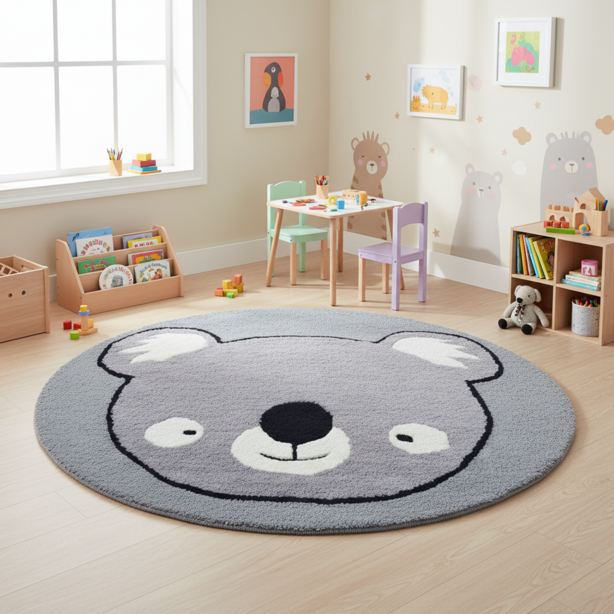 Handmade BEAR Wool Rug-6434-Grey-100x100cm
