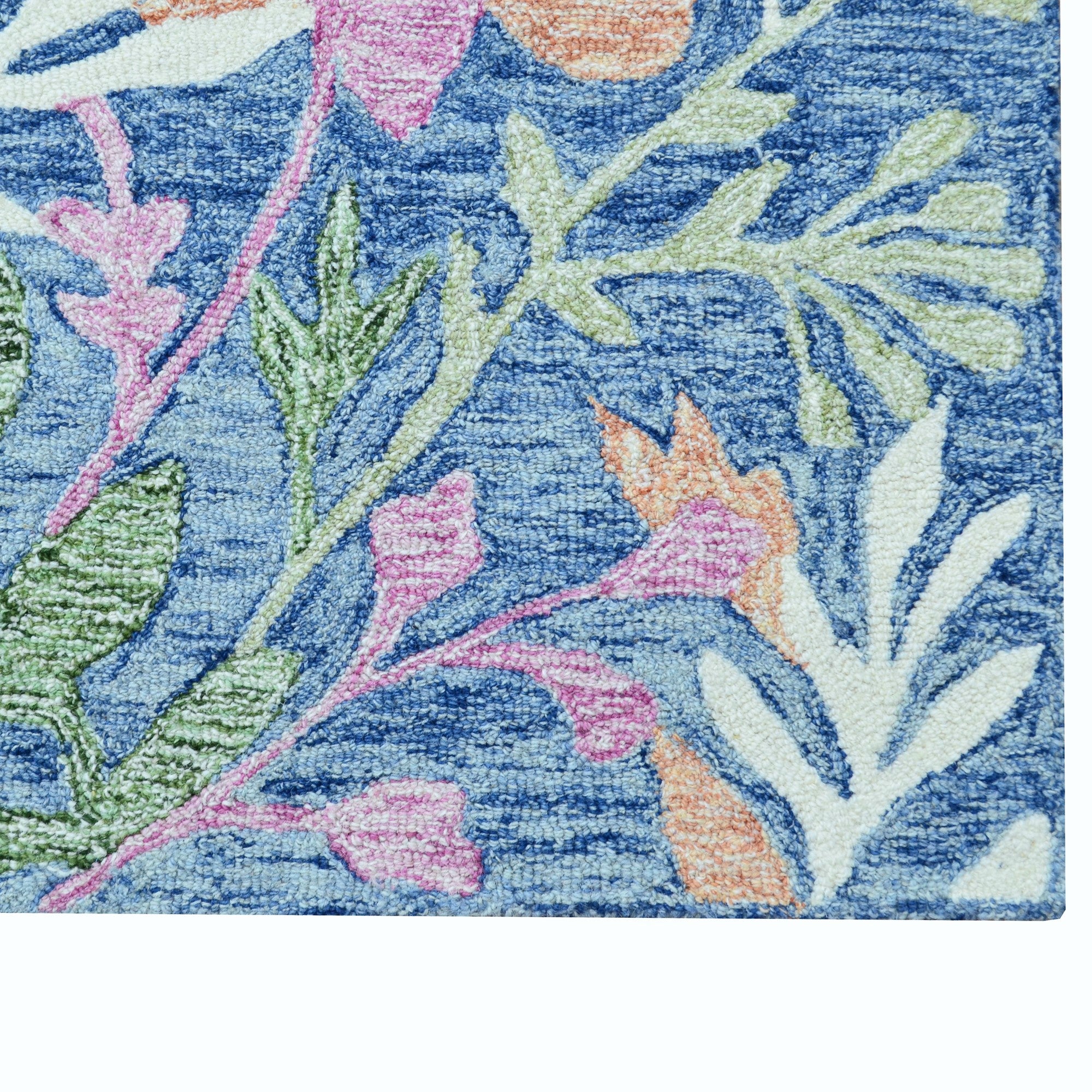 Handmade Floral Wool Rug-6432-Teal blue-110x160cm