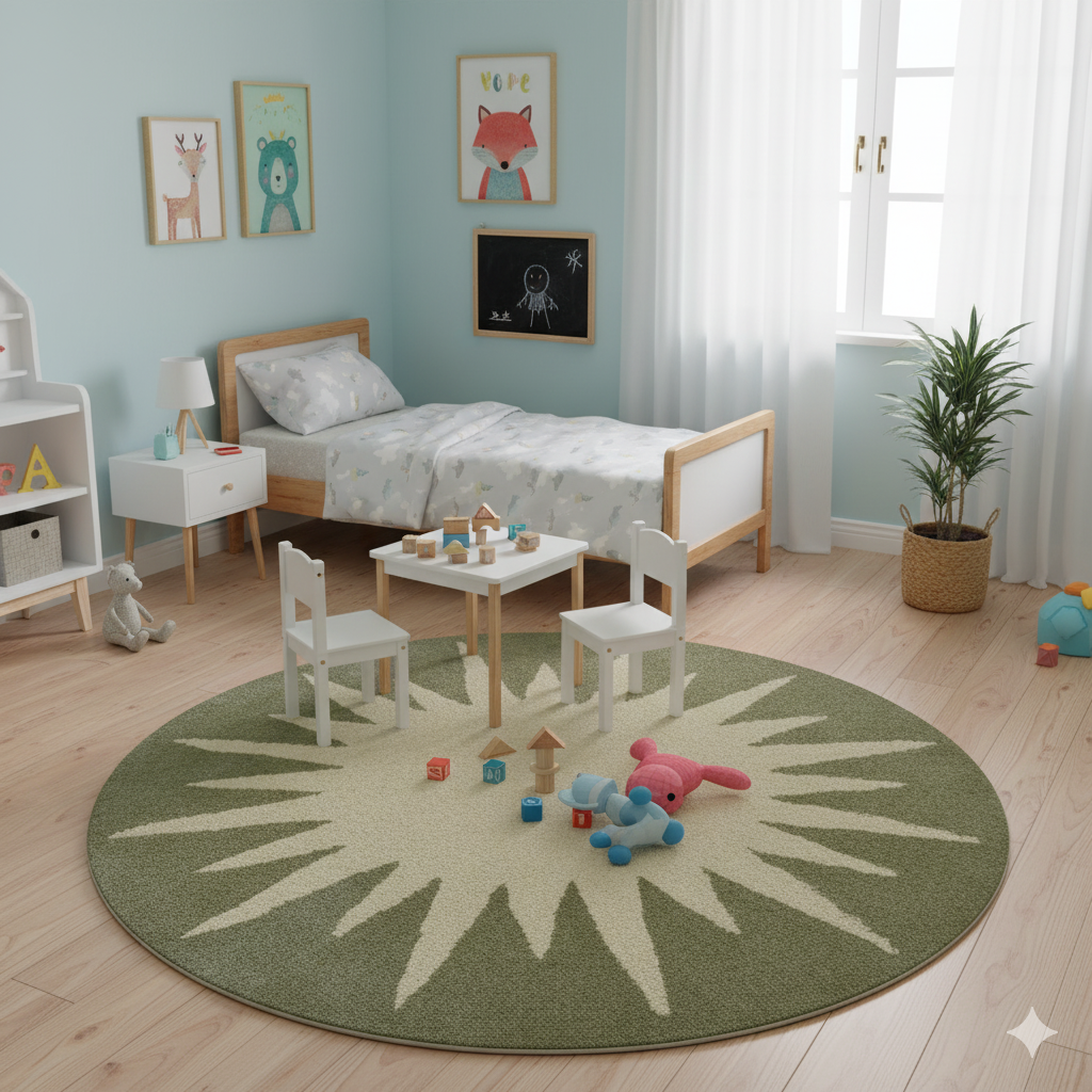 Handmade Round Wool Rug- Transit 6329-Cream Sea Green-100x100cm