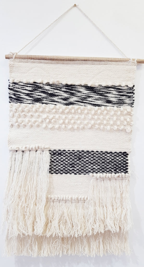 Handwoven Woolen Macrame - AD002 - Ivory/Black - 50x80