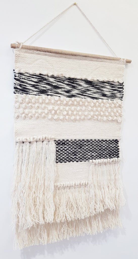 Handwoven Woolen Macrame - AD002 - Ivory/Black - 50x80