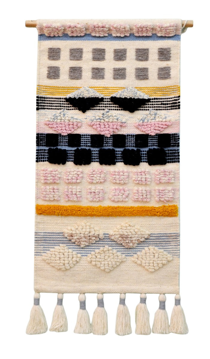Handwoven Woollen Trendy Wall Hanging - AD015 - Ivory/Multi - 50x100cm