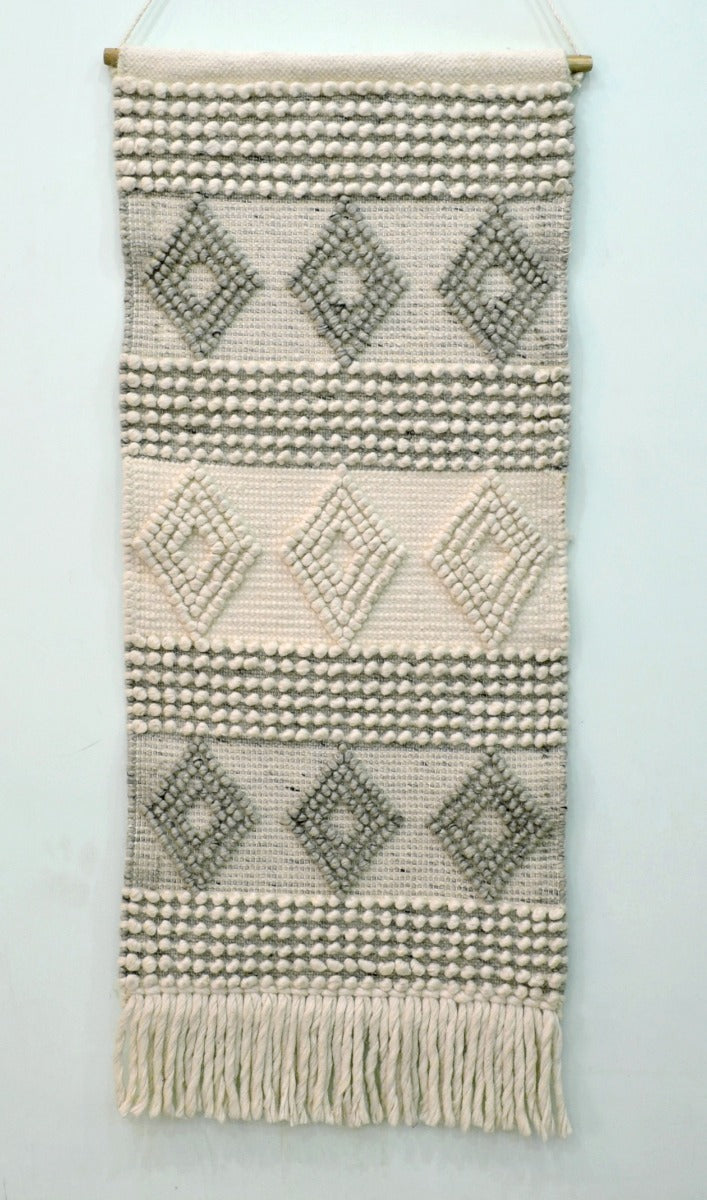 Handwoven Woollen Wall Hanging - AD18 - Ivory/Grey - 50x110cm