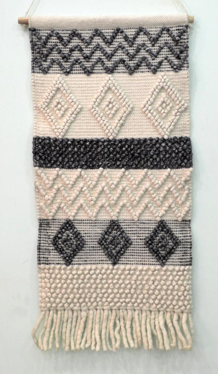 Handwoven Woollen Wall Hanging - AD19 - Ivory/Charcoal - 50x110cm
